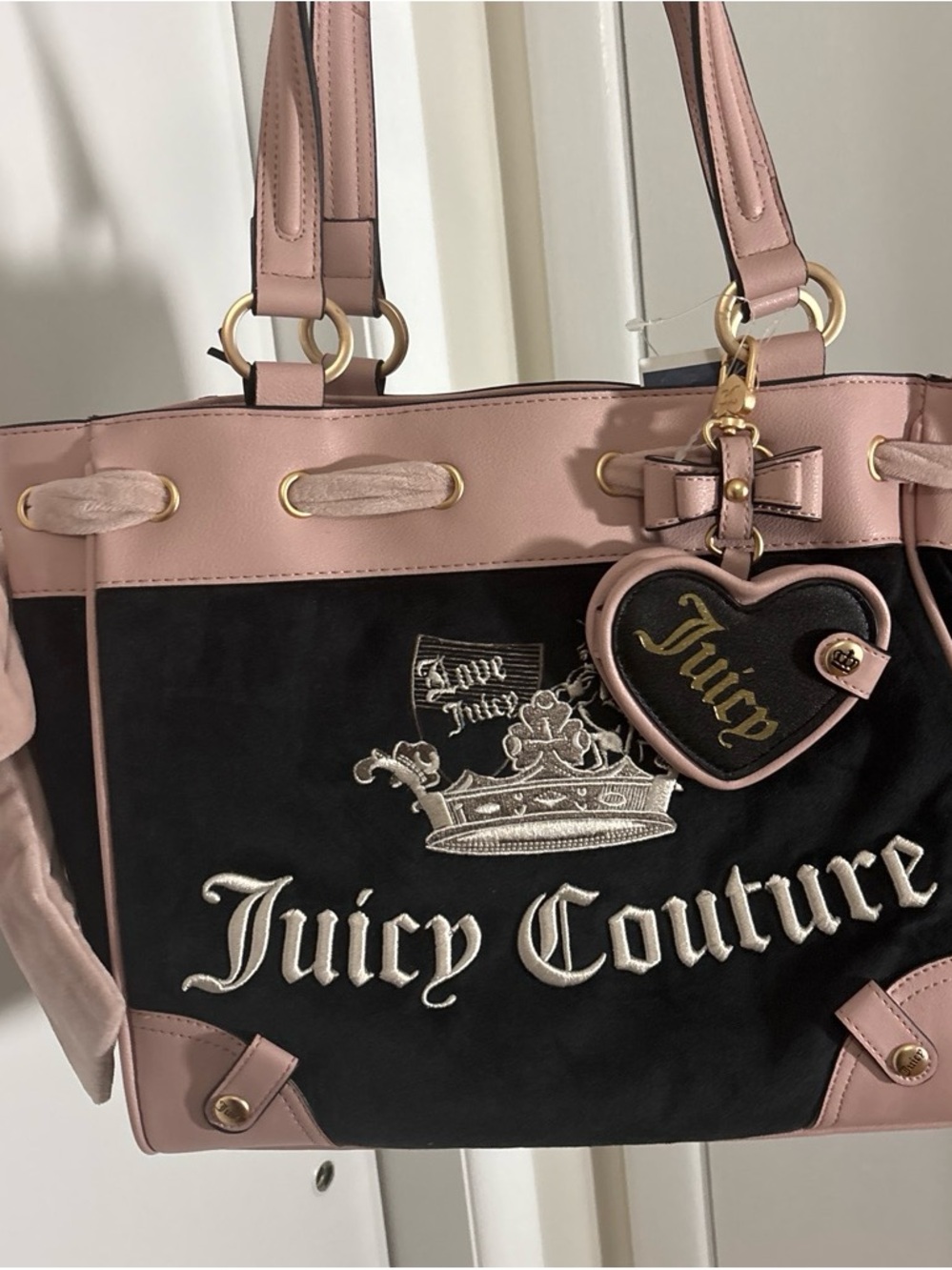Juicy Couture Black and Pink Embroidered Logo Tote with Heart Charm